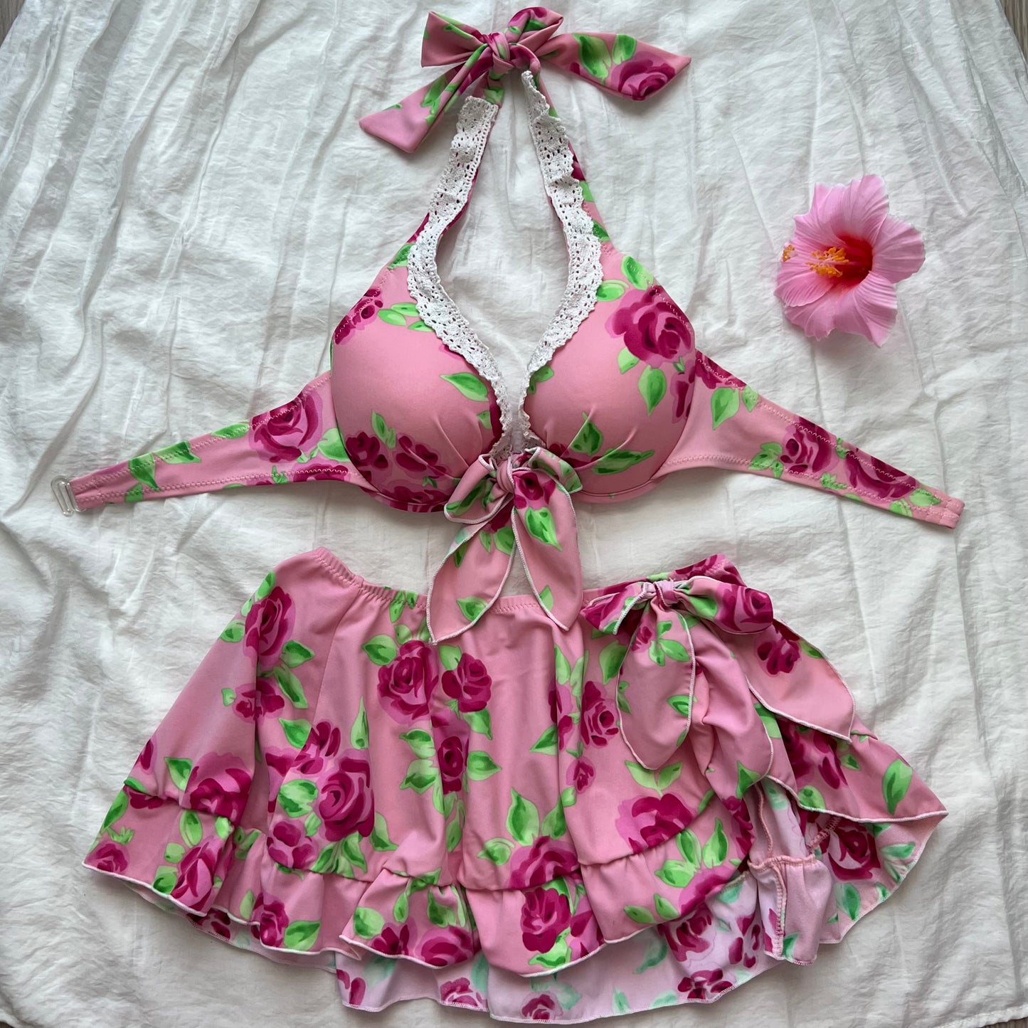 Pink Floral lace bikini set