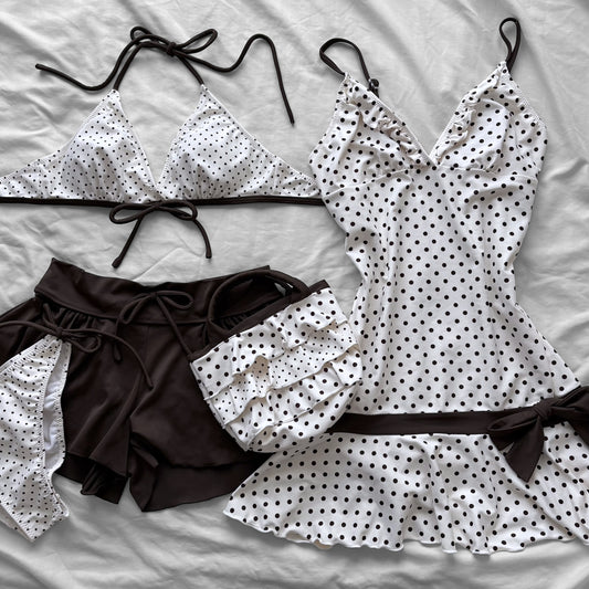 M size•Brown & white polka dot 5-piece bikini Set