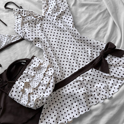 M size•Brown & white polka dot 5-piece bikini Set