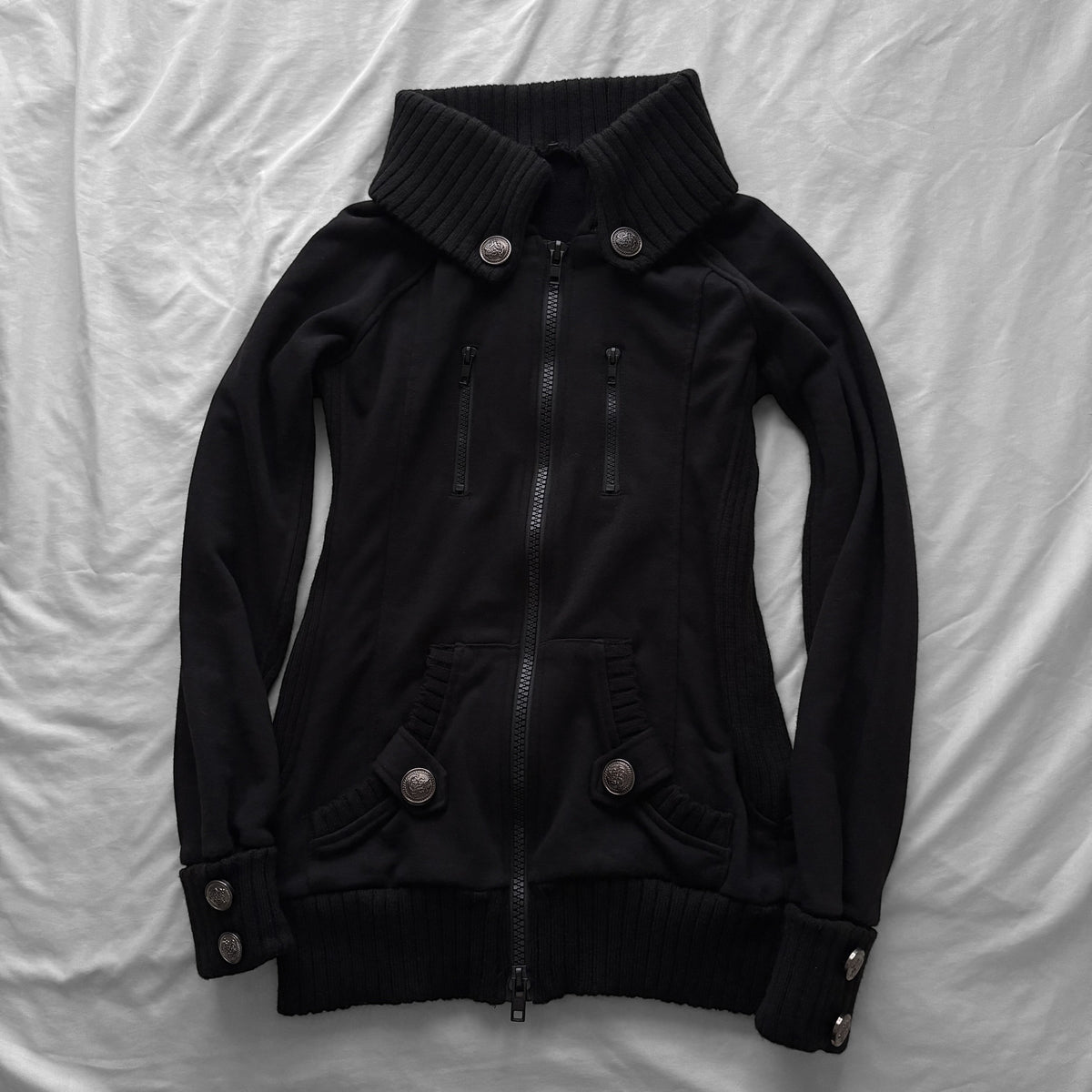 Black Military-Inspired Jacket with a Removable Hood
