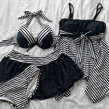 M size•Black & white stripes 4-piece bikini Set