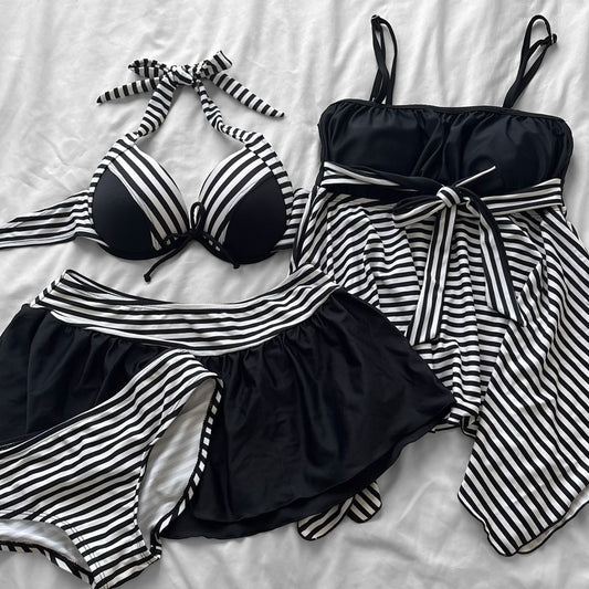 M size•Black & white stripes 4-piece bikini Set