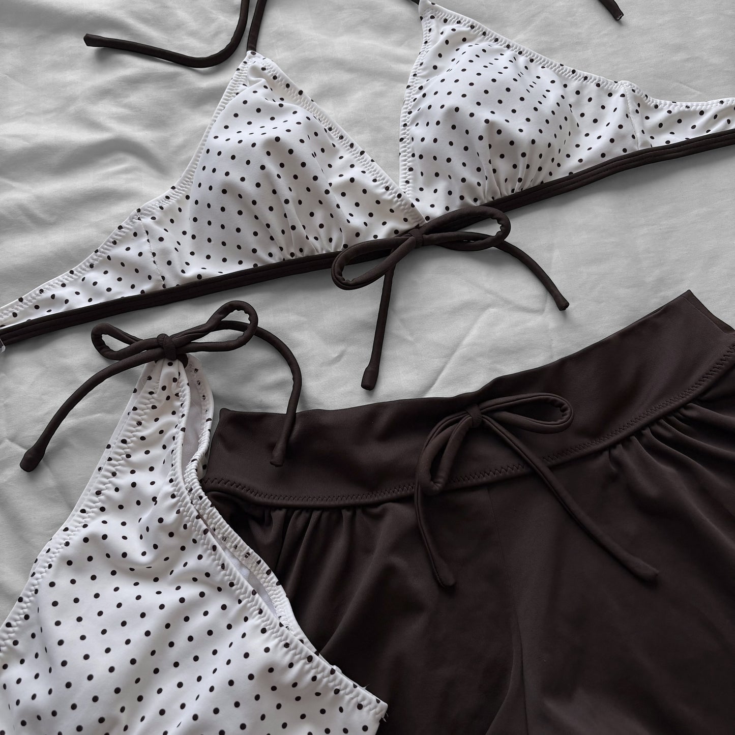 M size•Brown & white polka dot 5-piece bikini Set