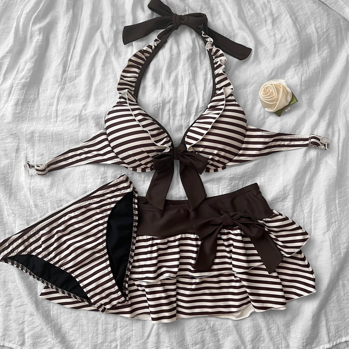 L size•Brown & White stripes bikini Set