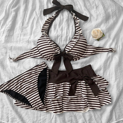 L size•Brown & White stripes bikini Set