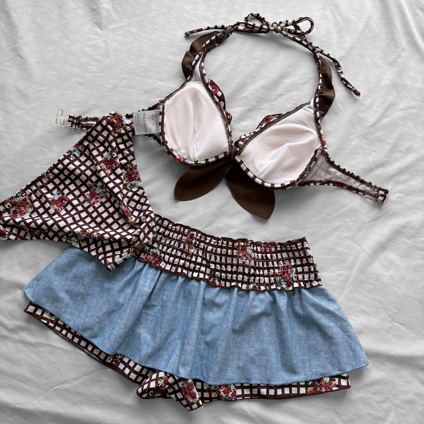 S size•brown plaid & floral bikini Set