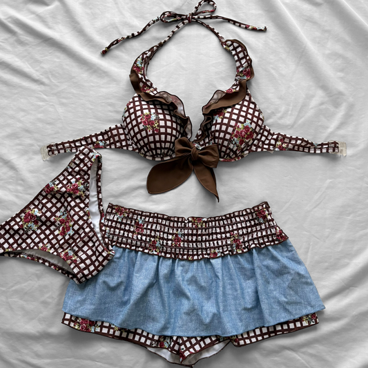 S size•brown plaid & floral bikini Set