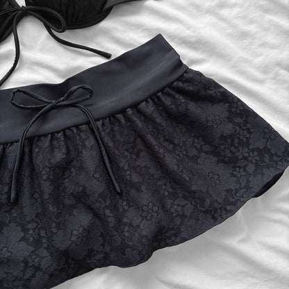 L size•Black halter lace bikini Set