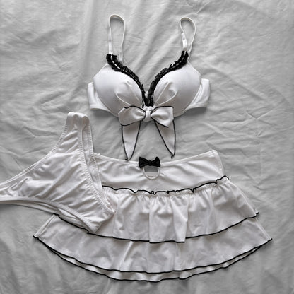 M size•White & Black lace trim bikini Set