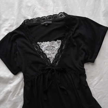 Black Top With Black & White Lace Detailing