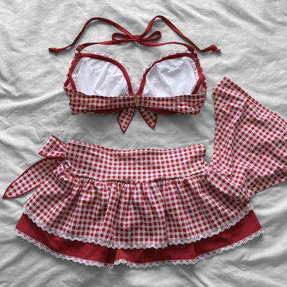 M size•Red plaid & lace bikini Set