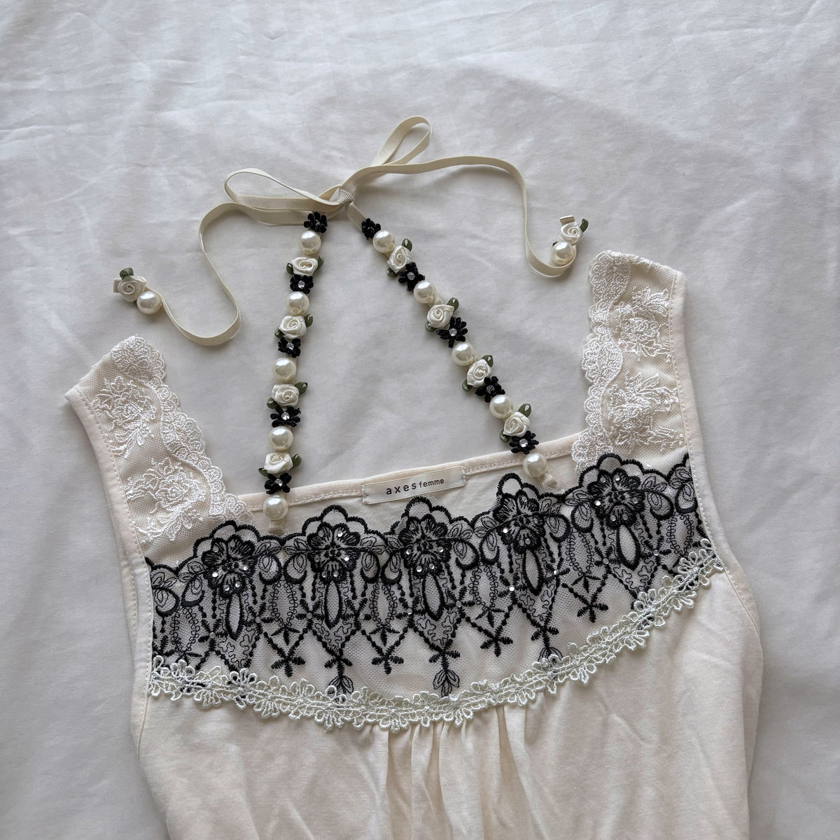 ‘Axes Femme’ Creamy Lace & Roses Cami Top