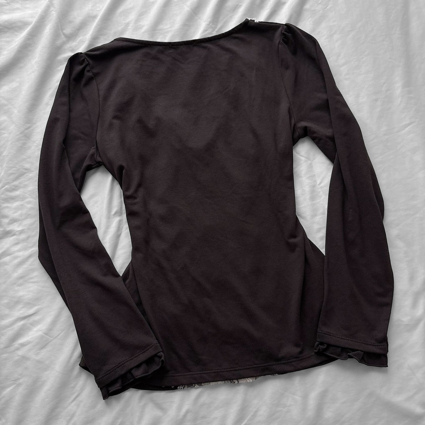 ‘Axes Femme’ Brown Top with White Lace Details