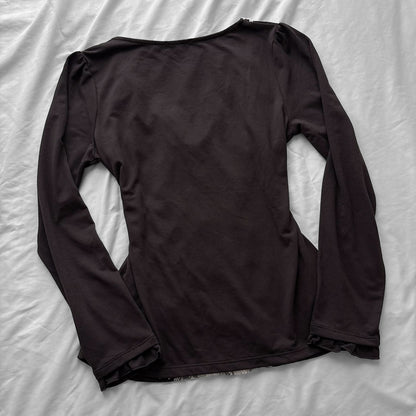 ‘Axes Femme’ Brown Top with White Lace Details