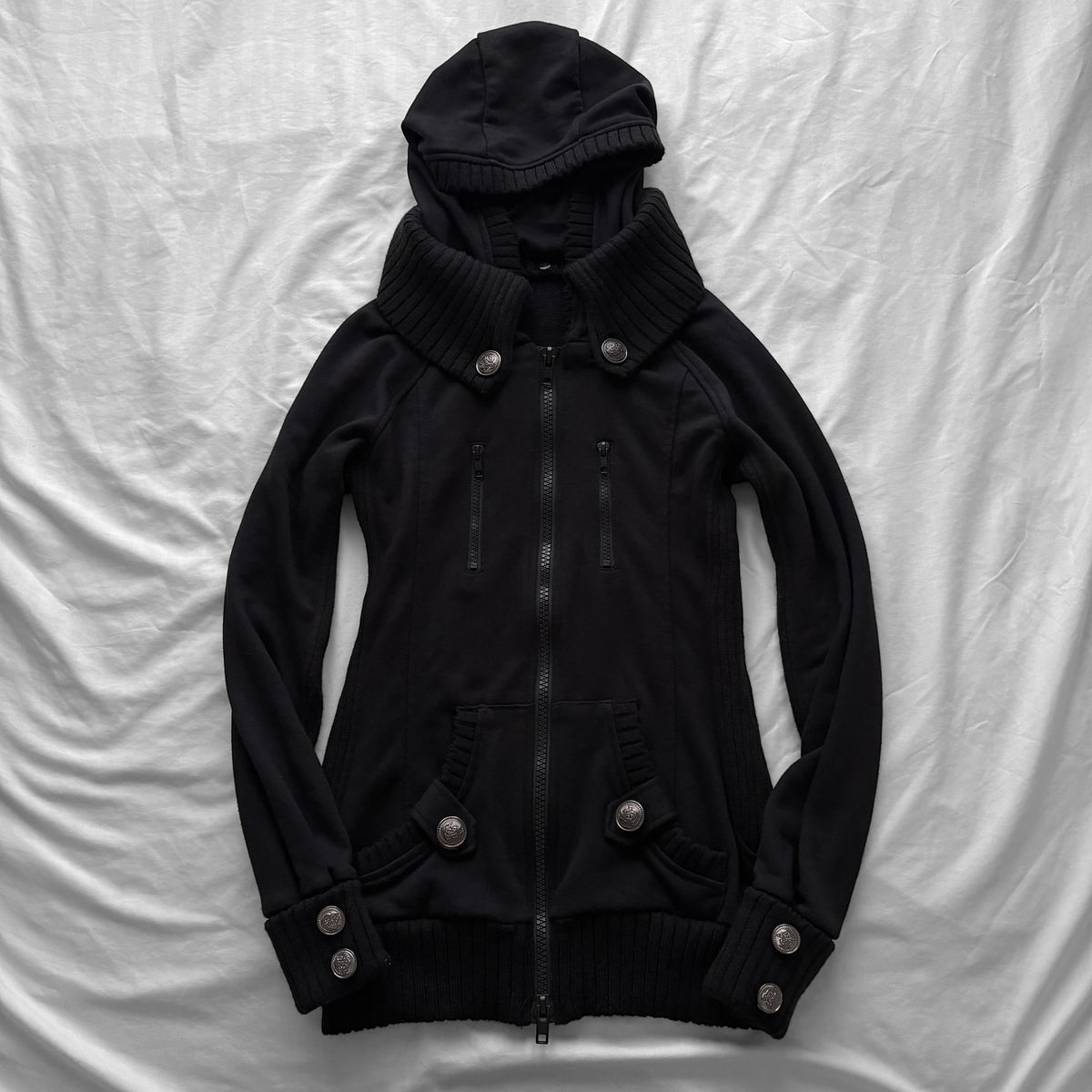 Black Military-Inspired Jacket with a Removable Hood