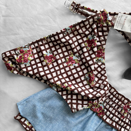 S size•brown plaid & floral bikini Set