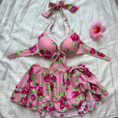 Pink Floral lace bikini set