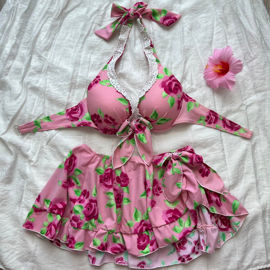 Pink Floral lace bikini set