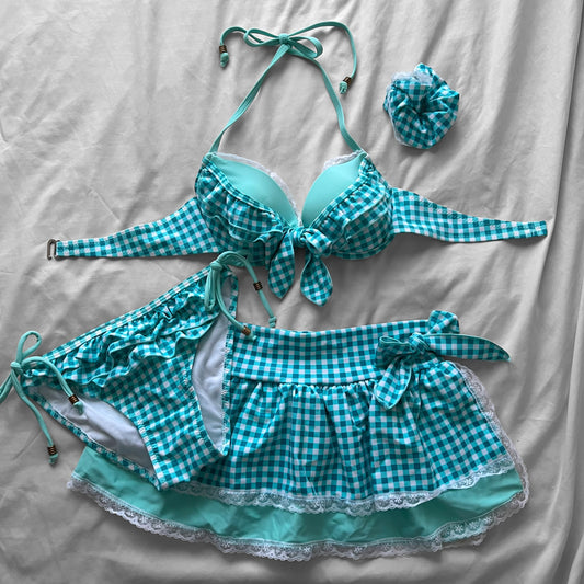 S size•Turquoise plaid & lace bikini Set