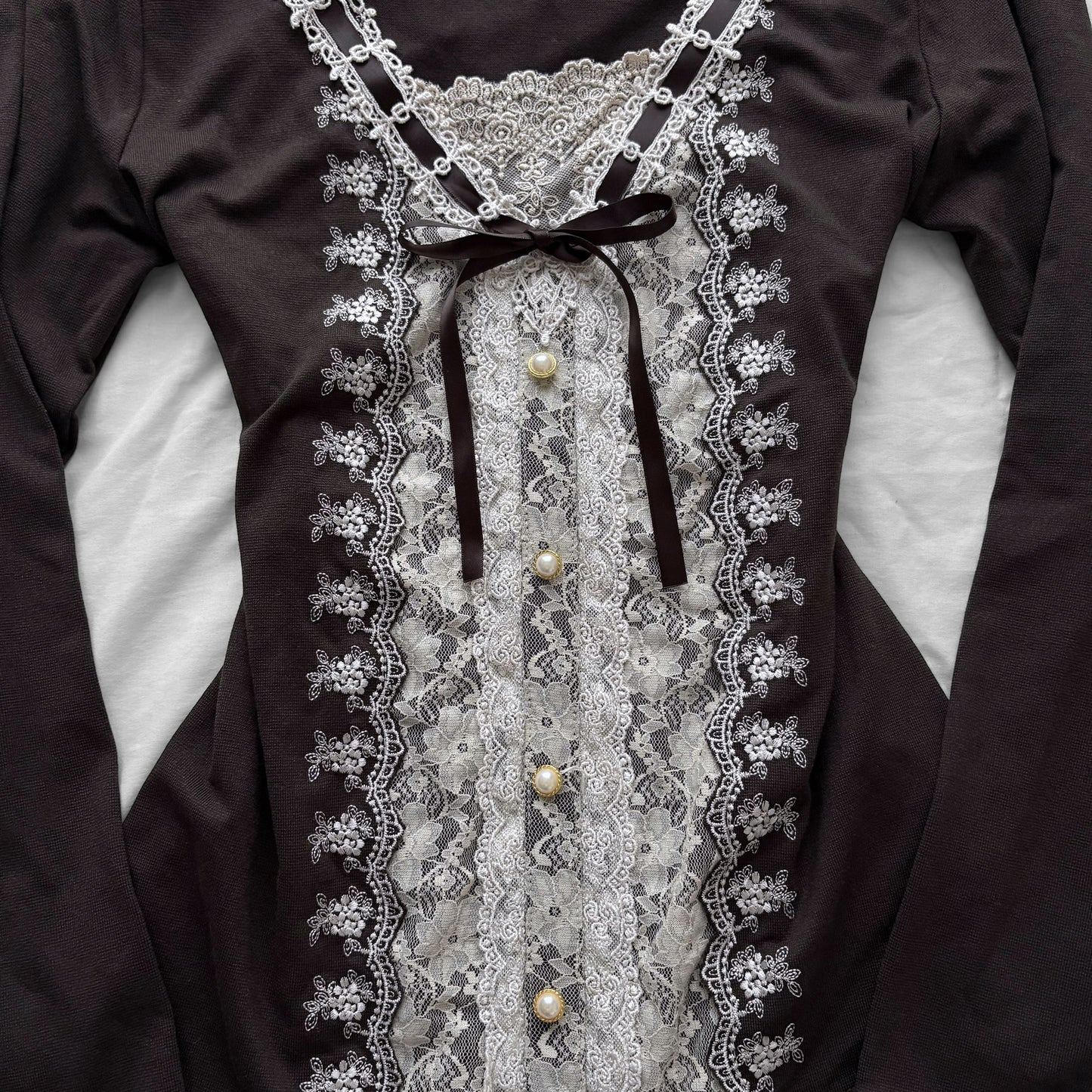 ‘Axes Femme’ Brown Top with White Lace Details