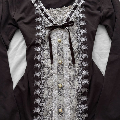 ‘Axes Femme’ Brown Top with White Lace Details