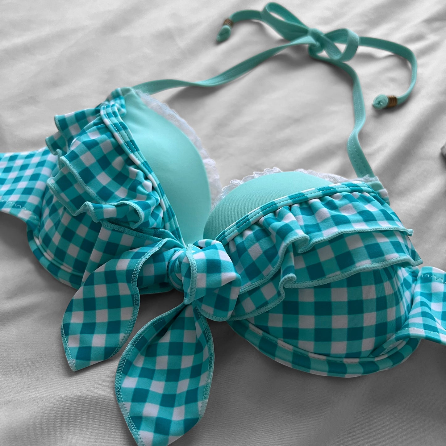 S size•Turquoise plaid & lace bikini Set