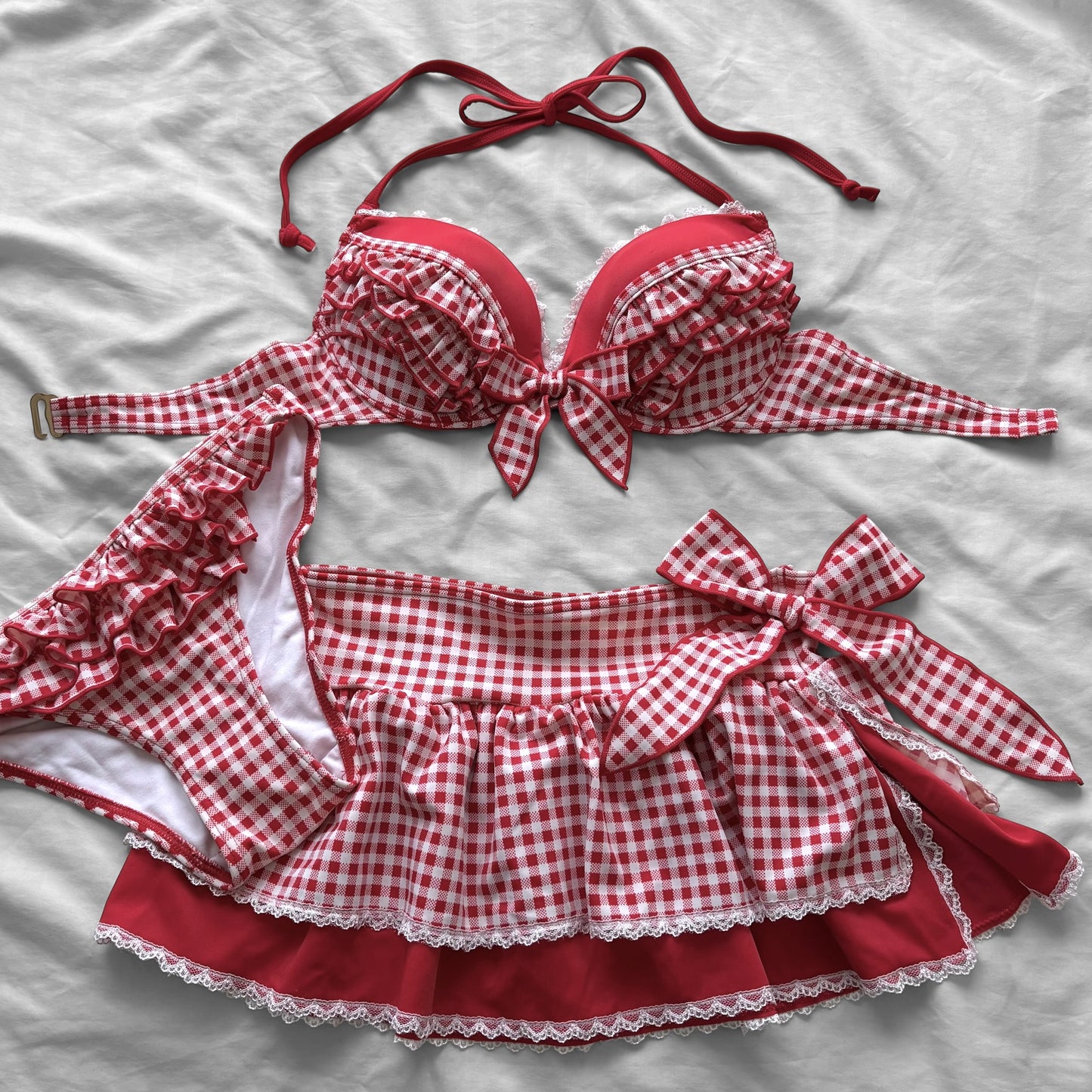 M size•Red plaid & lace bikini Set