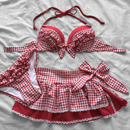 M size•Red plaid & lace bikini Set