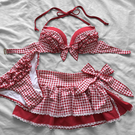 M size•Red plaid & lace bikini Set