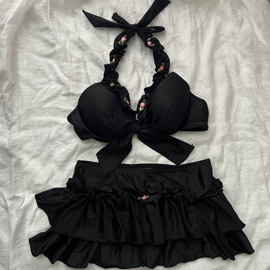 L size Black flower coquette bikini Set