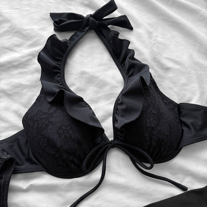 L size•Black halter lace bikini Set