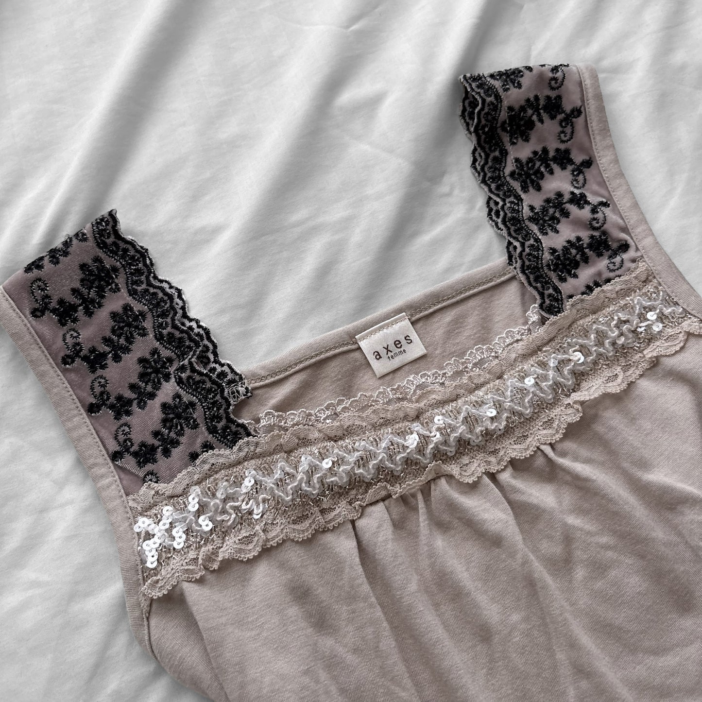 ‘Axes Femme’ beige Lace & sequins cami Top