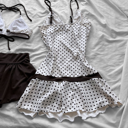 M size•Brown & white polka dot 5-piece bikini Set