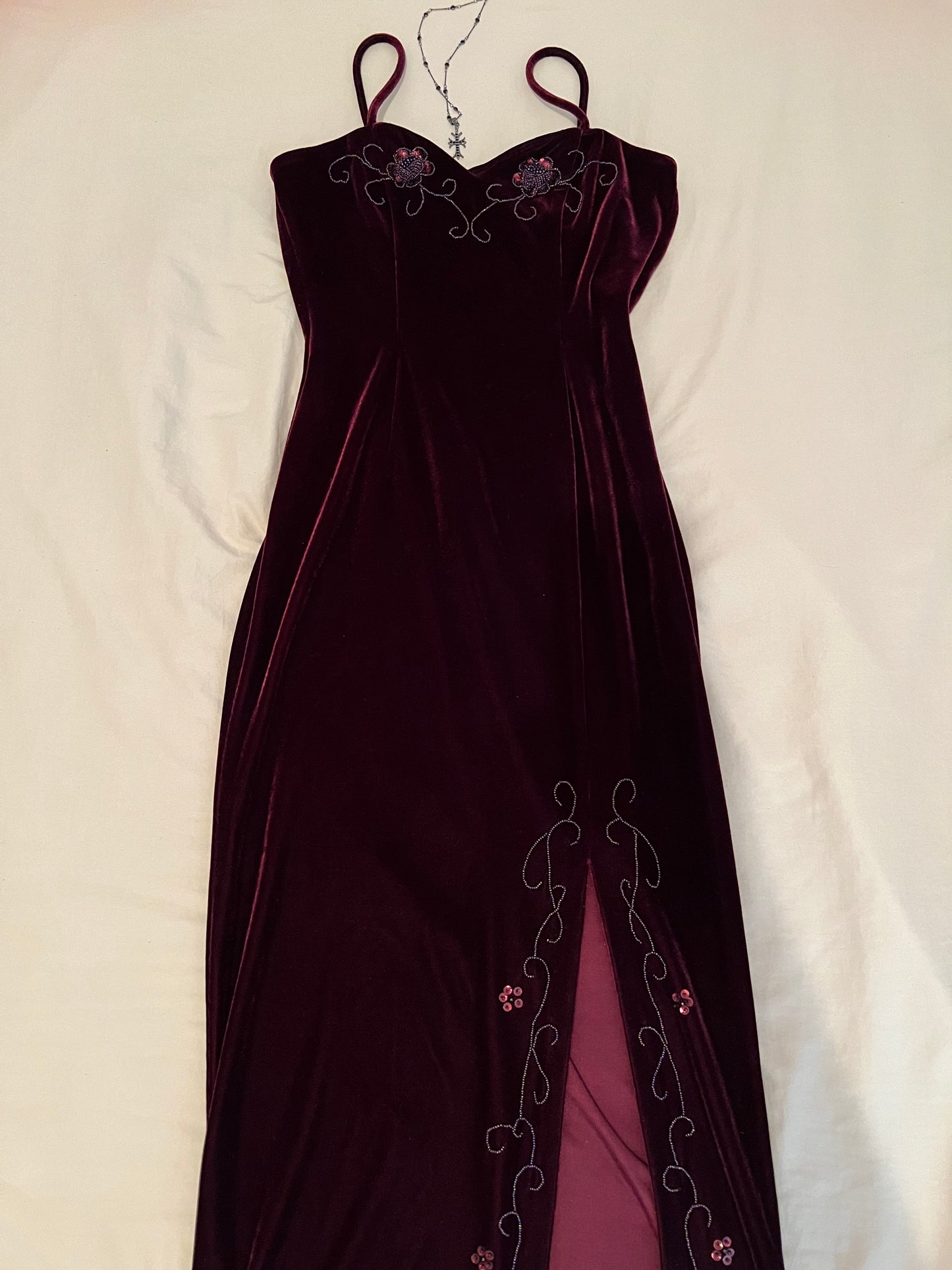 Burgundy velvet slit dress