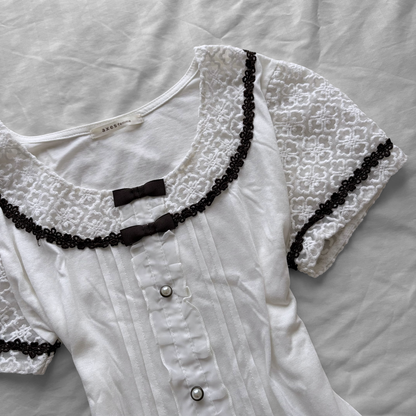 ‘Axes Femme’ White & Brown Ribbons Top