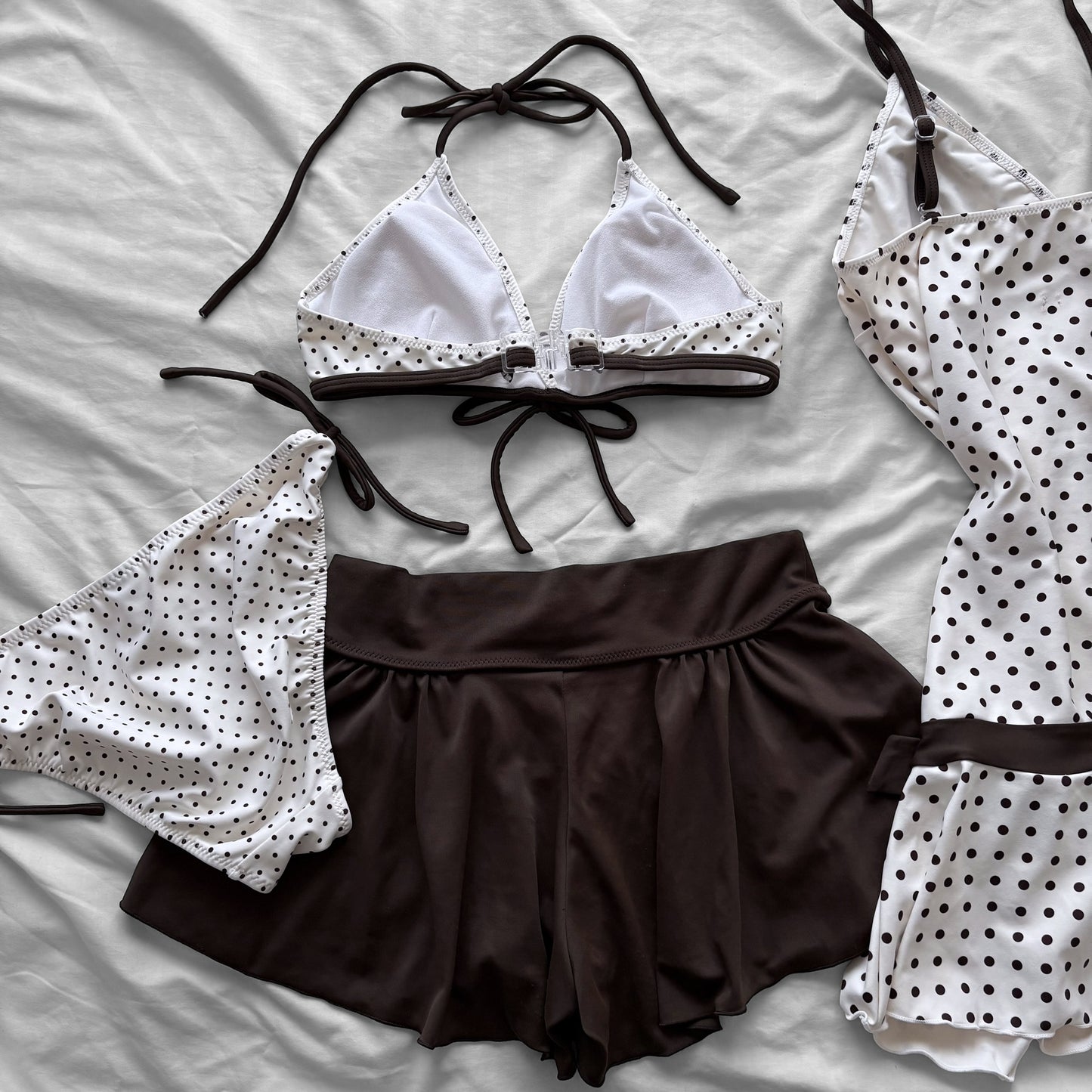 M size•Brown & white polka dot 5-piece bikini Set
