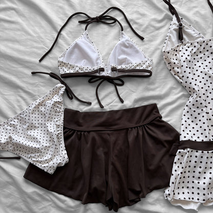 M size•Brown & white polka dot 5-piece bikini Set