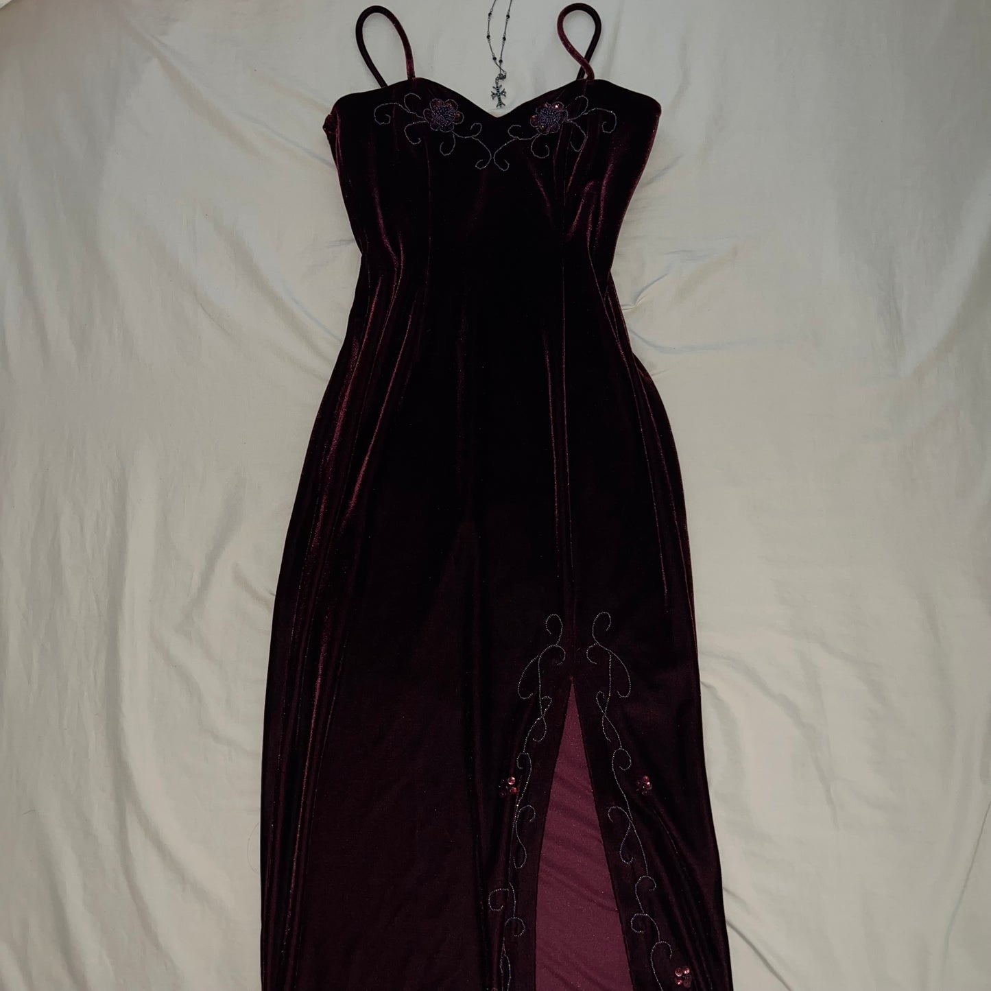 Burgundy velvet slit dress