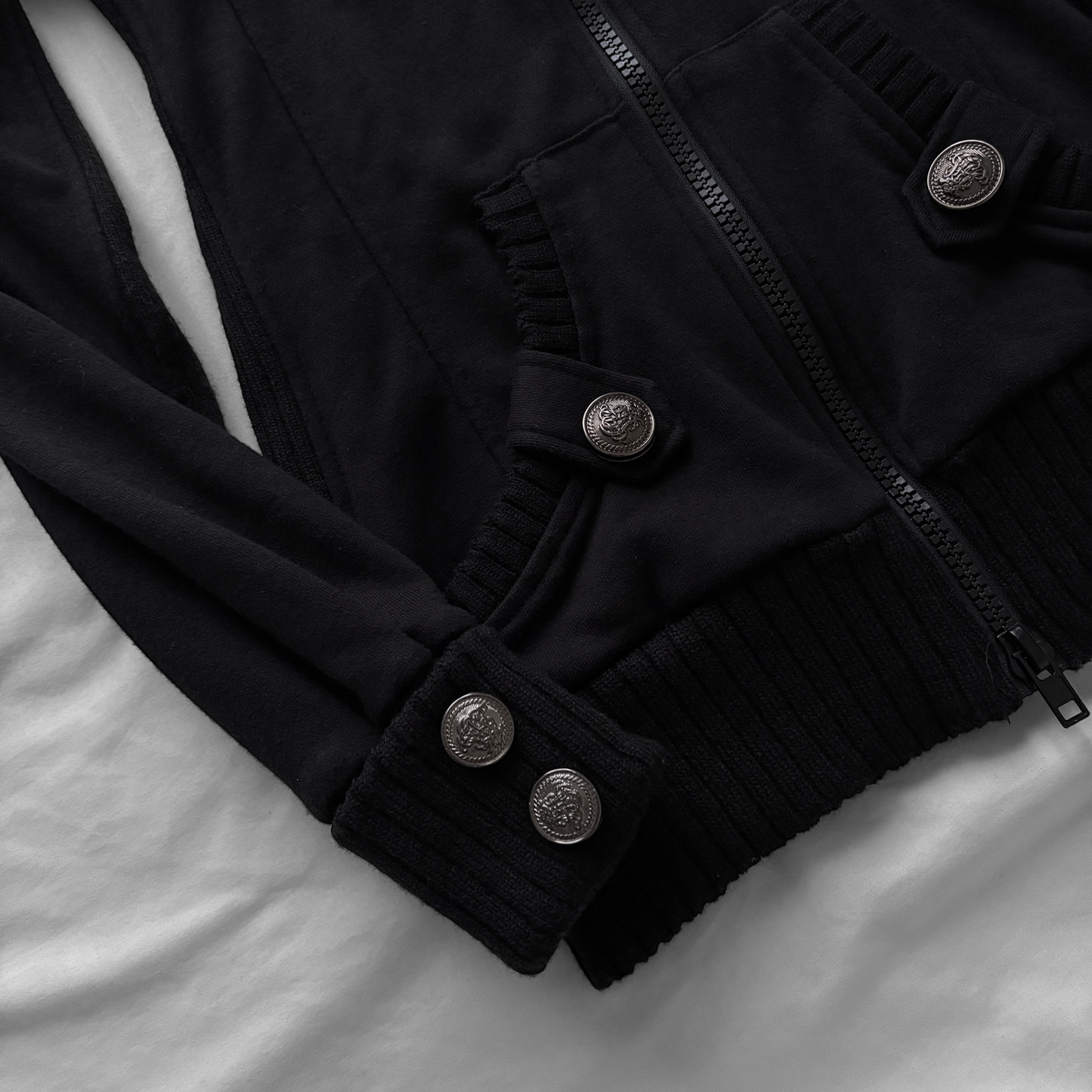 Black Military-Inspired Jacket with a Removable Hood