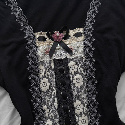 ‘Axes Femme’ Black Top with White Lace Details