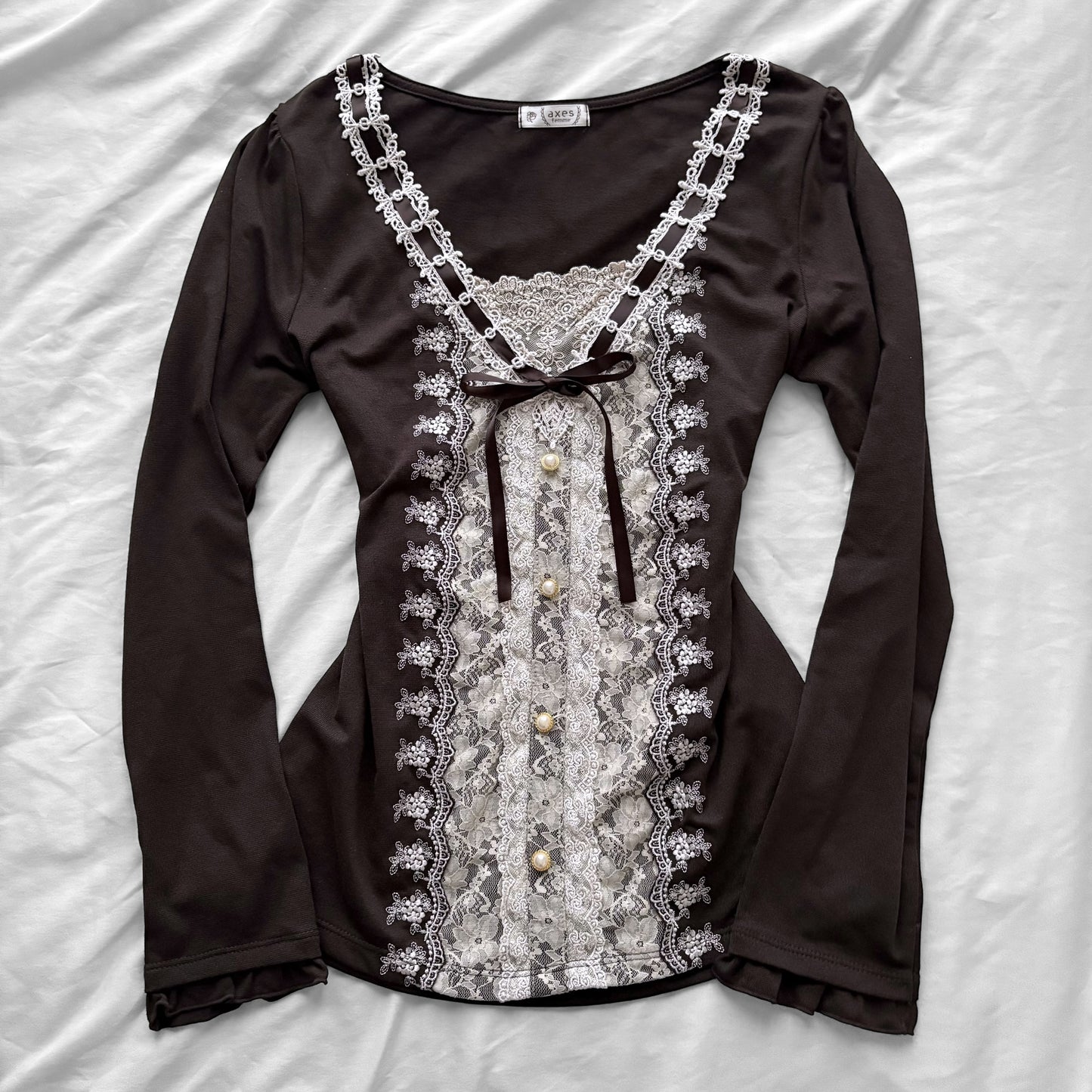 ‘Axes Femme’ Brown Top with White Lace Details