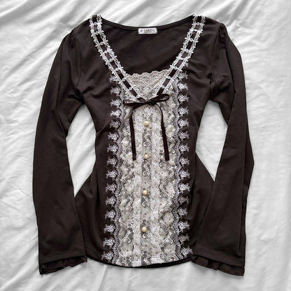 ‘Axes Femme’ Brown Top with White Lace Details