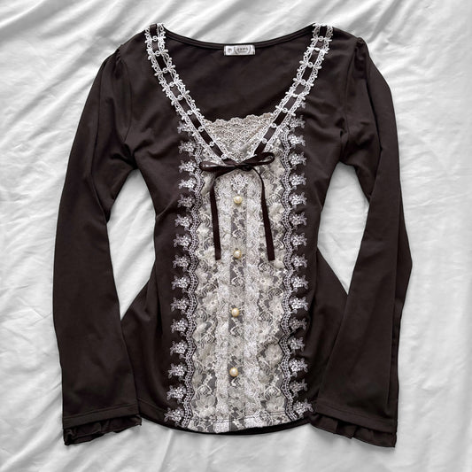 ‘Axes Femme’ Brown Top with White Lace Details