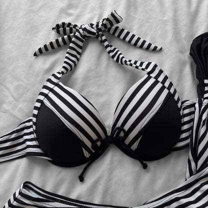 M size•Black & white stripes 4-piece bikini Set