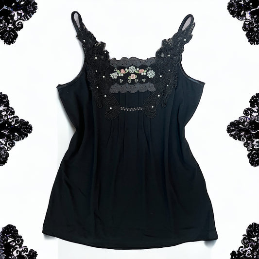 ‘Axes Femme’ Flowers and Rhinestones black Cami