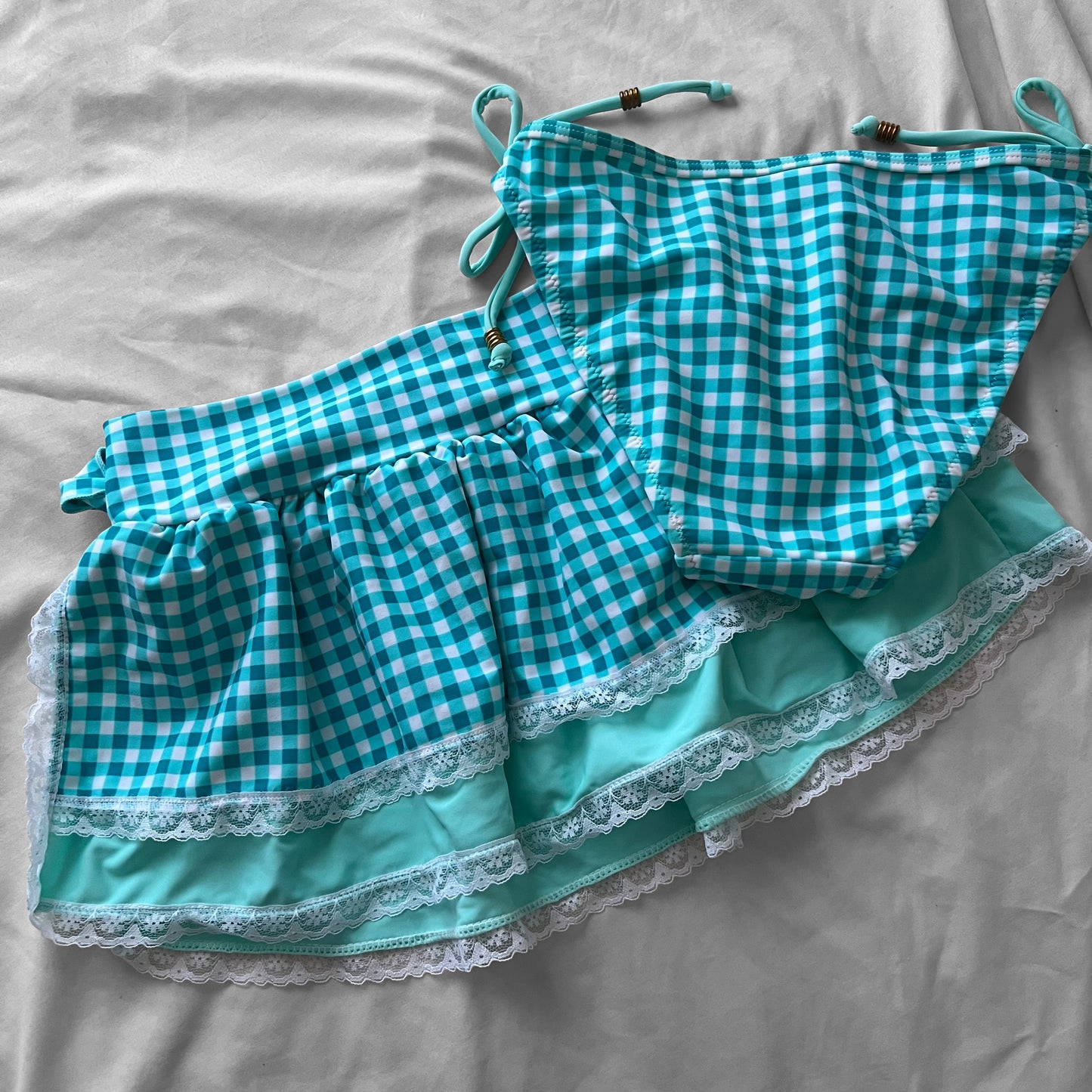 S size•Turquoise plaid & lace bikini Set