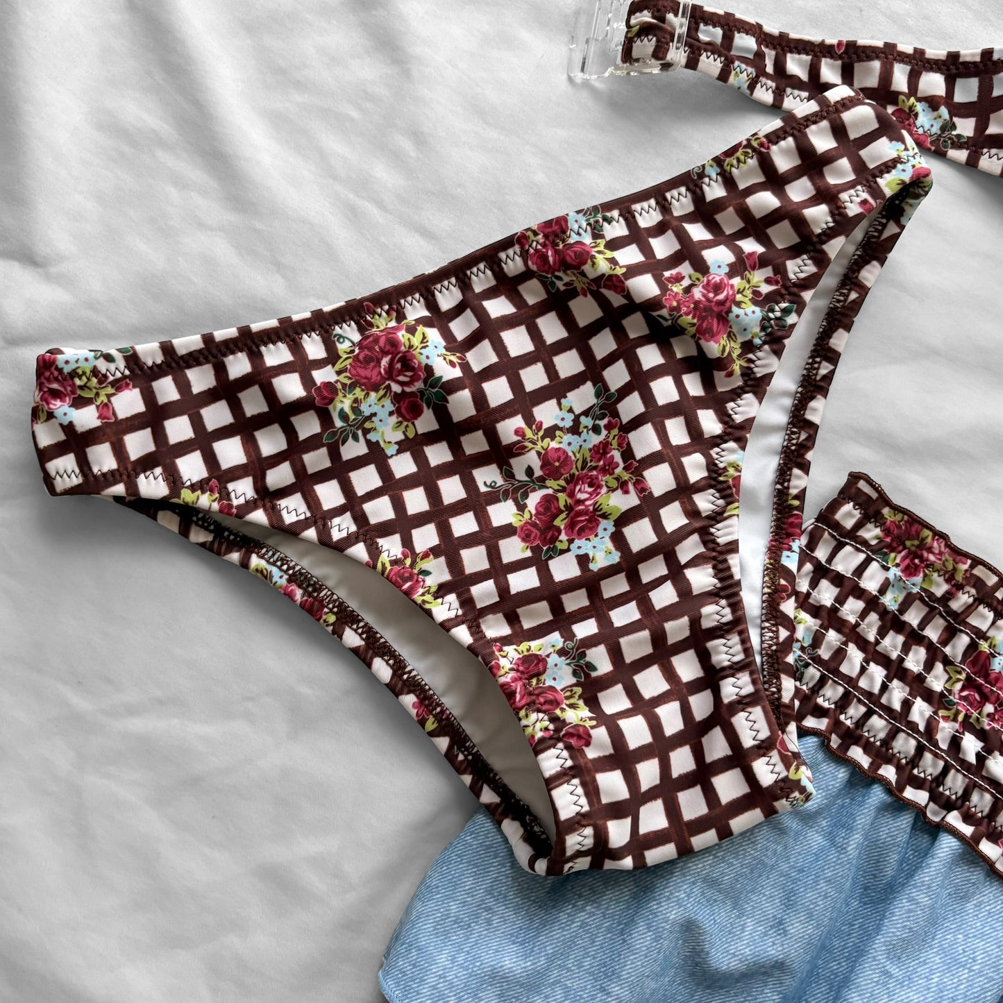 S size•brown plaid & floral bikini Set