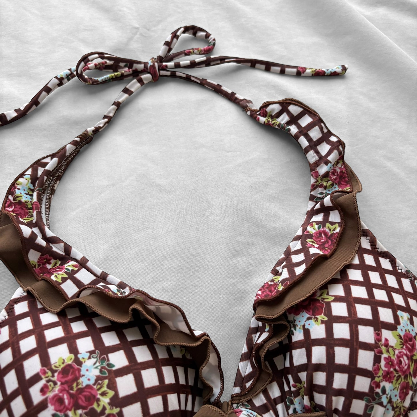 S size•brown plaid & floral bikini Set