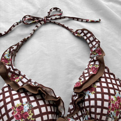 S size•brown plaid & floral bikini Set