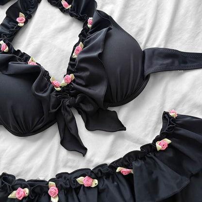 M size•Black& Pink Rose details bikini Set